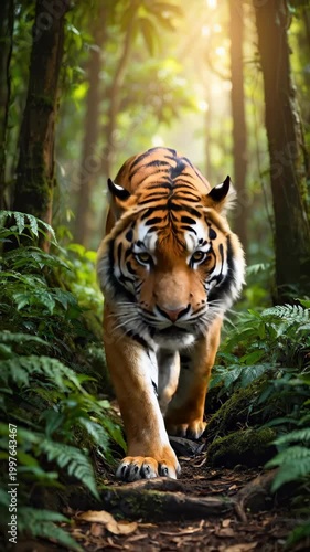 Majestic Tiger Walks Through Lush Green Forest Path.