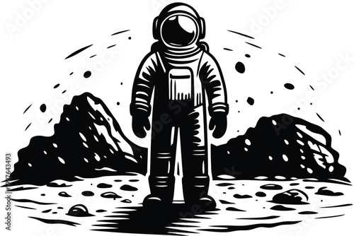Fotografie Sci-Fi Martian Explorer Silhouette Standing on a Ridge Overlooking a Futuristic