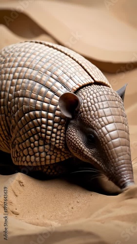 Close-up of a Nine-banded Armadillo walking on sand dunes.