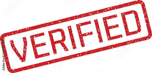 Red 'verified' stamp confirmation and authentication symbol