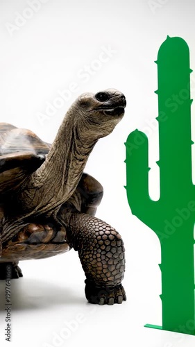 Tortoise Approaching a Cactus in a Desert Environment.