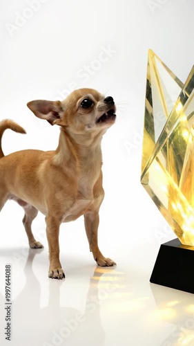 Chihuahua Dog Barking at Glowing Crystal Sculpture with Changing Lights.