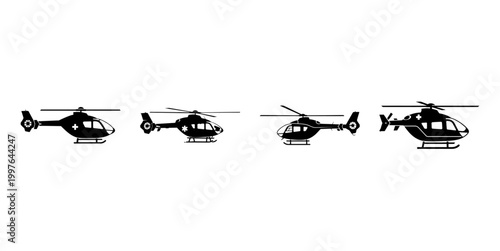 Medical Helicopter Silhouette Set – Air Ambulance Rescue Aircraft Icon Collection Black Vector