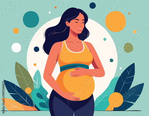Beautiful smiling pregnant woman in sports clothes holding her belly. Healthy future mother staying active during pregnancy. Modern flat vector illustration for maternity and wellness.