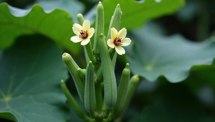 Green okra pods grow on stalk with yellow flowers blooming. Close view of edible vegetable plant in garden. Healthy food cultivation detail with natural flora.