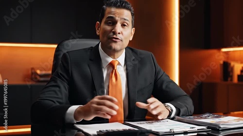 Professional Male Communicates And Gestures While Sitting At Desk In Modern Office Setting