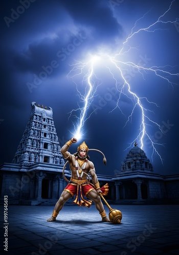 Powerful Hanuman, Hindu Monkey God, Holding Mace in Dynamic Stance Amidst Lightning Storm and Ancient Temple Architecture, Symbolizing Divine Strength and Devotion.
