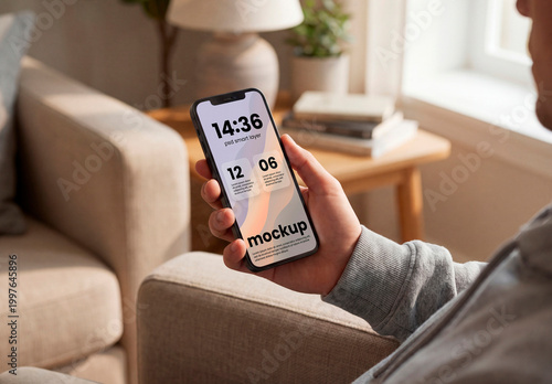Hand holding smartphone mockup with blank screen indoor scene