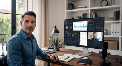 Male Financial Analyst Monitoring Stock Market Data and Participating in Online Meeting from Modern Home Workspace