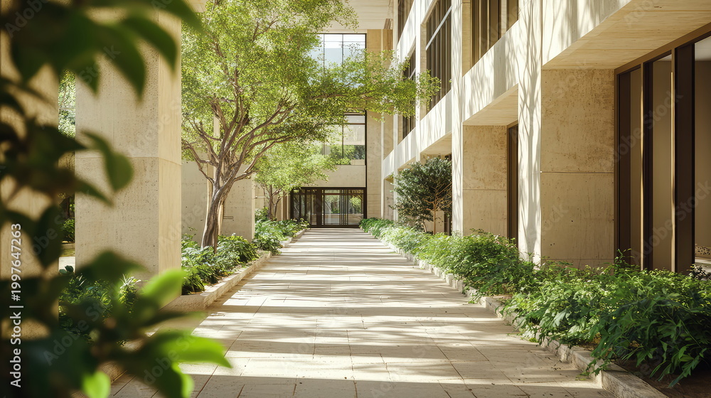 Fototapeta premium Building columns and a paved walkway line a courtyard with lush green trees and plants under bright daylight, creating an inviting peaceful urban oasis environment