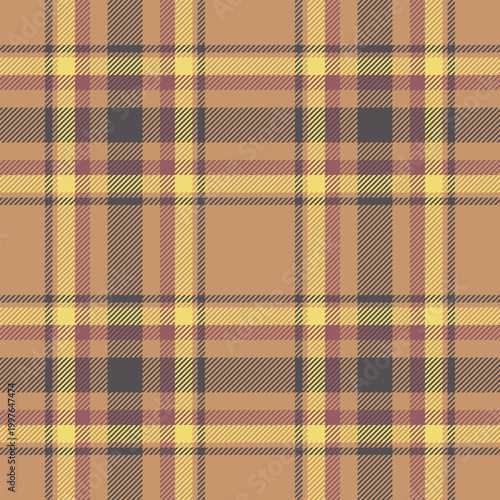 Genuine textile background seamless, tweed plaid check fabric. Show vector texture pattern tartan in orange and grey colors.