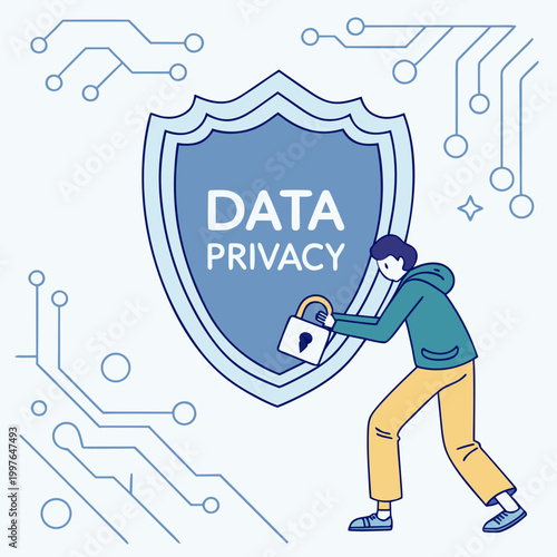 Person protecting data privacy with shield and lock protection security