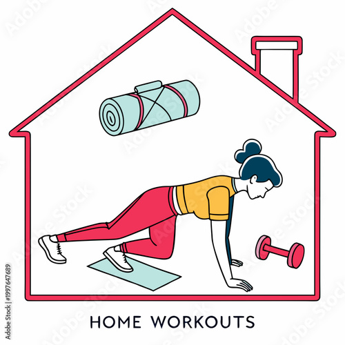 Woman doing home workout with dumbbell and yoga mat in a house exercise fitness
