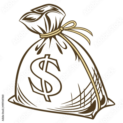 Vászonkép Brown money bag with dollar sign on white background