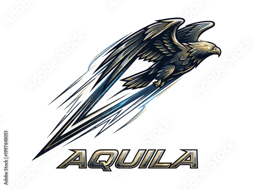 Aquila Eagle Logo Design Flying Bird with Motion Lines on White Background