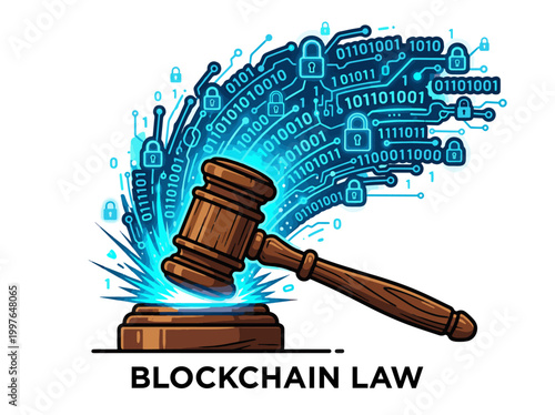 Blockchain law concept with gavel and digital circuit background for fintech security and automated contracts