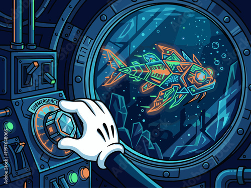 Futuristic submersible control panel with glowing geometric fish outside porthole window