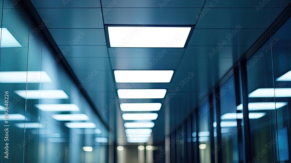 Obraz premium Long, illuminated corporate office hallway featuring sleek glass walls and recessed ceiling lights, creating a sense of clean, contemporary architecture and business environment
