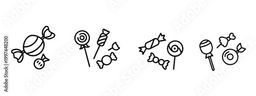 Candy lollipop web line icons set sweet sugar treats birthday party confectionery snacks web line icons set & more vector illustration on editable stroke
