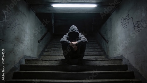 Lonely Mysterious Figure in Hoodie Sitting on Concrete Stairs in Dark Underground Tunnel