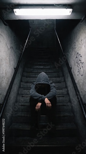 Lonely Hooded Man Sitting on Dark Concrete Stairs in Gritty Urban Underground Tunnel