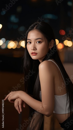 Stunning Portrait of a Young Asian Woman with Long Dark Hair Against a Nighttime Urban Background with Soft Bokeh Lights