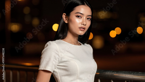 Elegant Young Asian Woman in White Dress Posing Against Blurred Night City Lights