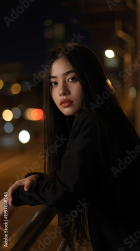 Portrait of a Beautiful Young Asian Woman at Night with Urban City Bokeh Lights