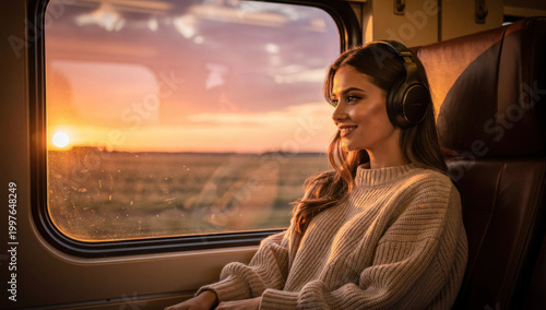 Young Happy Woman Traveler Listening to Music with Headphones While Watching Golden Sunset through Train Window