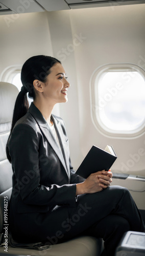 Successful Asian Businesswoman Traveling in First Class Cabin Holding a Book and Smiling