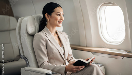 Smiling Asian Businesswoman Traveling in Luxury Private Jet or First Class Cabin Holding a Planner