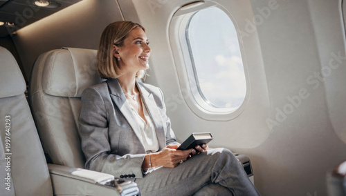 Successful Businesswoman Smiling and Looking Out the Window During a Private Jet Flight