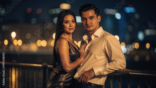 Elegant Young Couple in Evening Attire Embracing on City Waterfront at Night