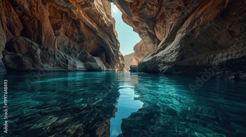 Breathtaking Turquoise Water in a Deep Slot Canyon with Sunlit Rock Walls