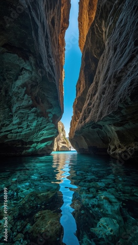 Stunning Sea Cave with Crystal Clear Turquoise Water and Towering Rock Walls