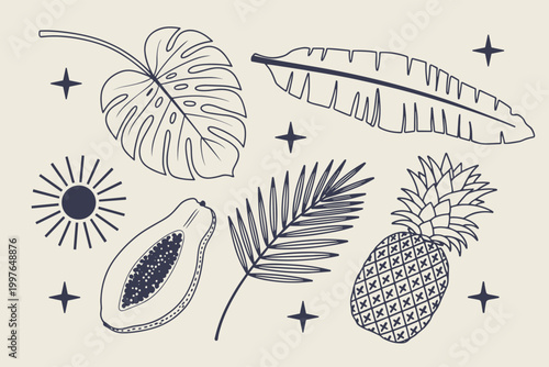 Tropical fruit and leaf with sun and star motifs on a cream background pineapple papaya monstera leaf