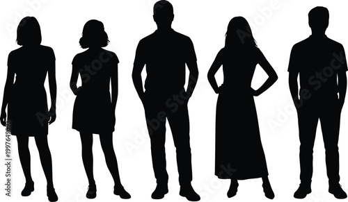 Five human silhouettes in different body shapes and postures standing side by side for vector design and illustration artwork