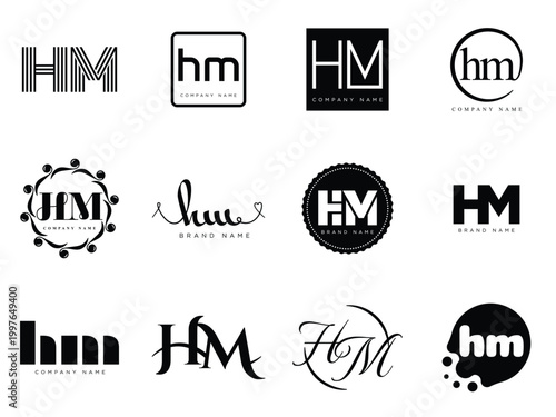 HM logo company template. Letter h and m logotype. Set different classic serif lettering and modern bold text with design elements. Initial font typography.