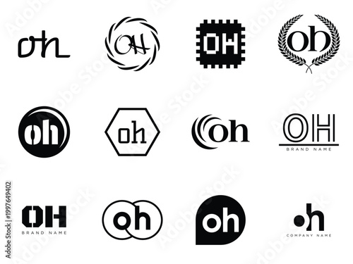 OH logo company template. Letter o and h logotype. Set different classic serif lettering and modern bold text with design elements. Initial font typography.