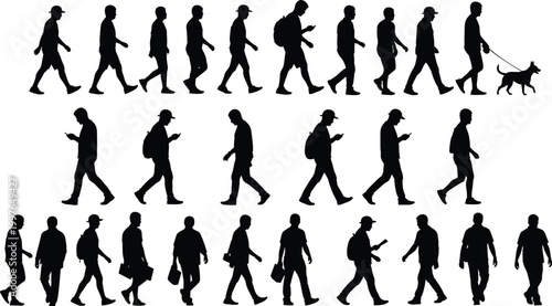 Series of walking silhouettes showing diverse postures and everyday actions including bags, phones, backpacks, and dog walking for artwork