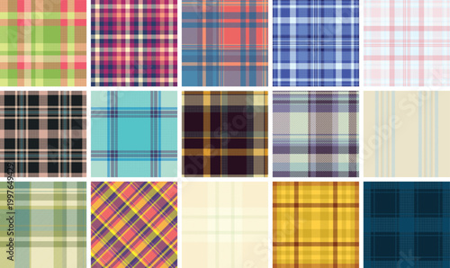 Plaid set built for social media visuals. Summer plaid backgrounds enhance posts, ads, and product showcases. Vector flexibility fits formats.
