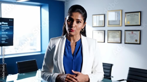 Professional Woman Speaks in Office, Presenting Business Concepts to Audience With Confidence