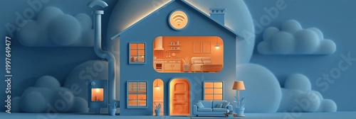 Smart home cutout - sectional illustration of a home equipped with modern technology