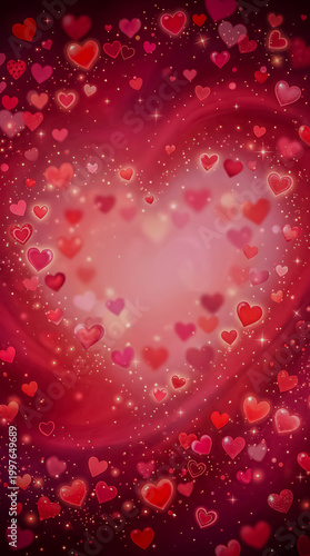 Valentines day background with red and pink hearts and sparkles on a gradient background