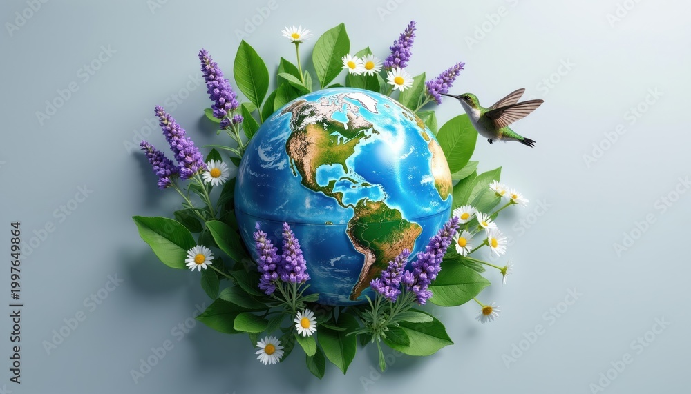 Naklejka premium Earth globe surrounded by green leaves lavender flowers and hummingbird. Represents nature ecology sustainability and biodiversity. Clean pure concept with copy space.