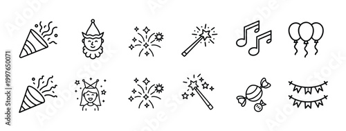 Event celebration web line icons set party popper magic wand fireworks balloons birthday party web line icons set & more vector illustration on editable stroke