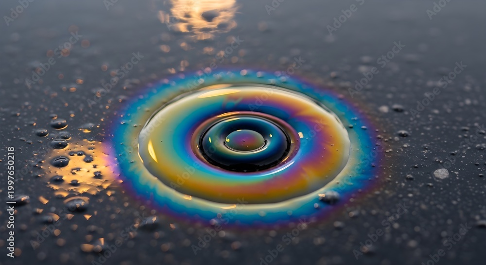 Obraz premium Mesmerizing Iridescent Oil Slick with Rainbow Colors on Dark Wet Surface