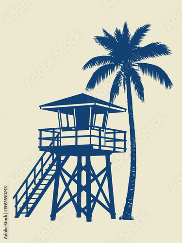 Fotografía Dark blue silhouette of a lifeguard tower and palm tree on a light beige backgro