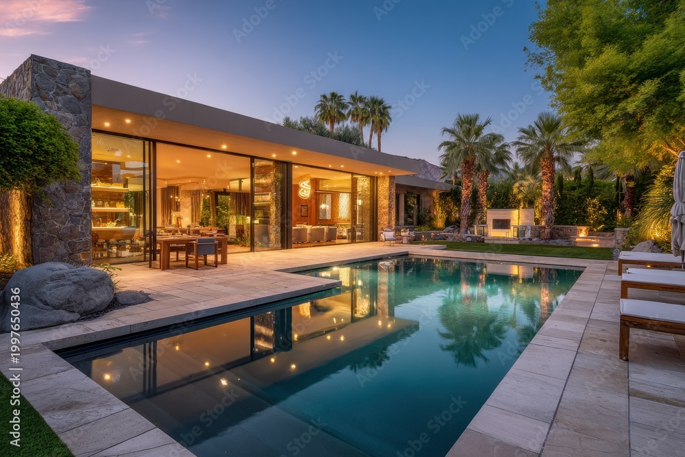 Fototapeta premium Elegant contemporary residence featuring a pristine pool and glass-walled living spaces