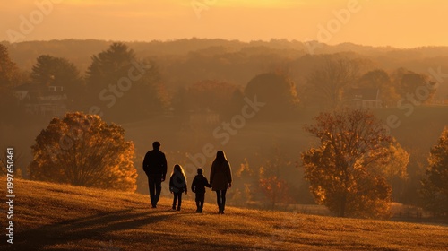 Autumn sunrise silhouettes: family standing on a hill, worshipful moment before a cross